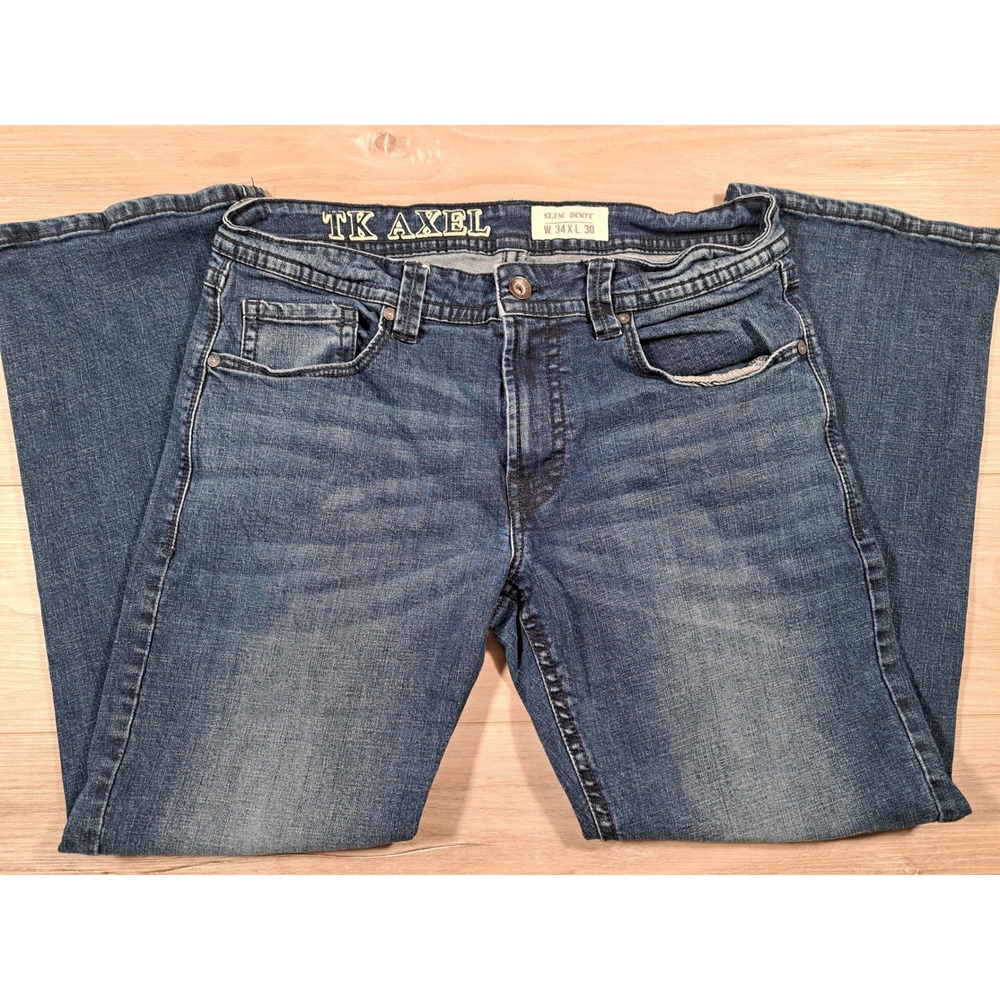 TK Axel Mens Slim Bootcut Jeans Medium Wash Denim Blue 34x30 Embroidered Pockets
